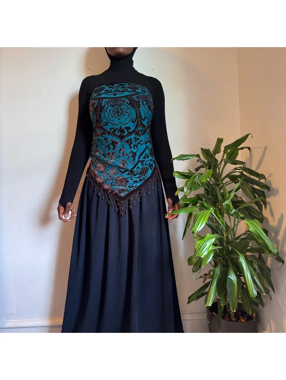 Y2K Whimsigoth Teal Beaded Burnout Velvet Scarf Sheer Devore Hip Scarf Top